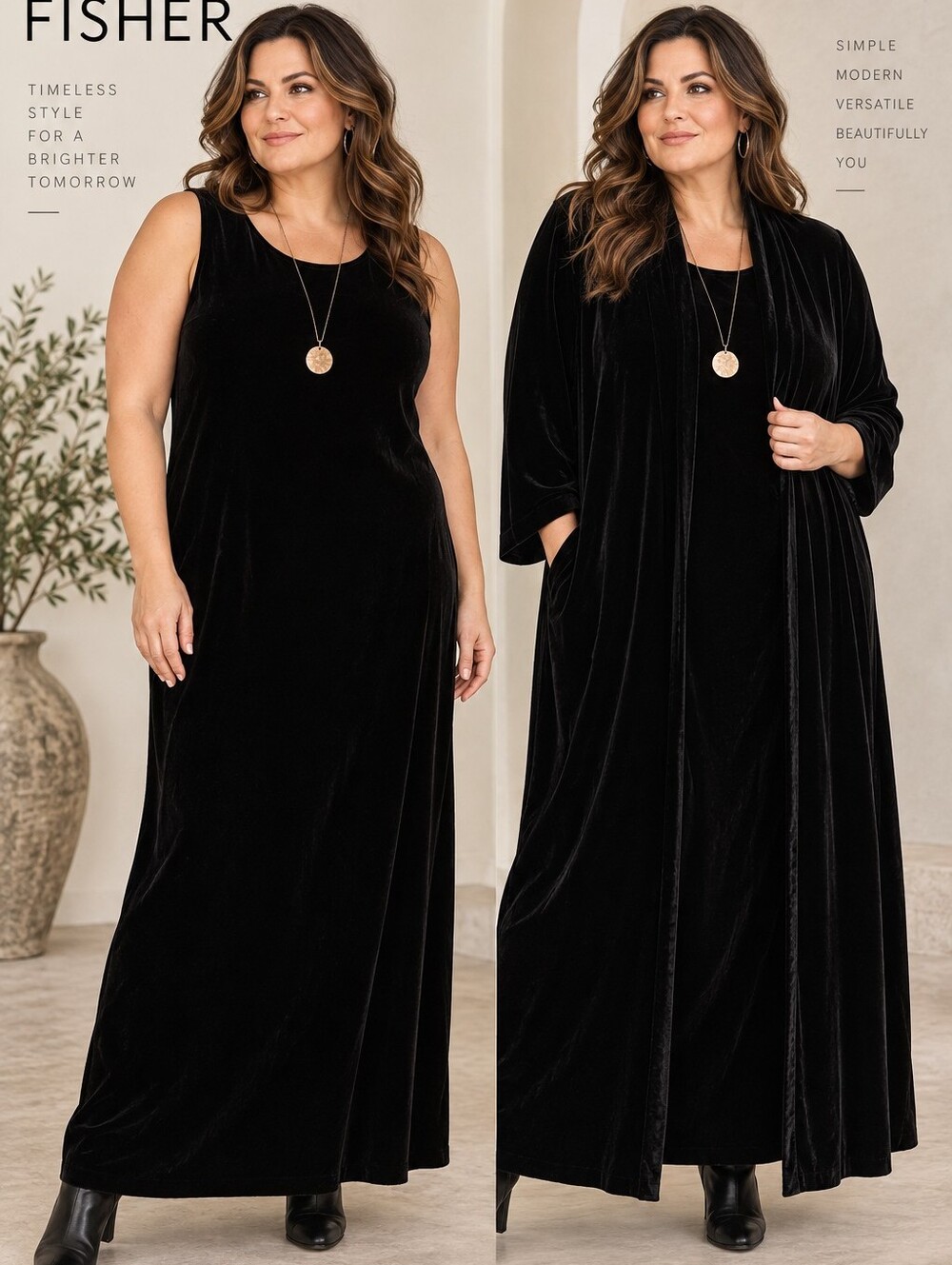 Eileen Fisher Black Velvet Sophosticated 2 Piece Tank Maxi And Duster. Ladies 1x